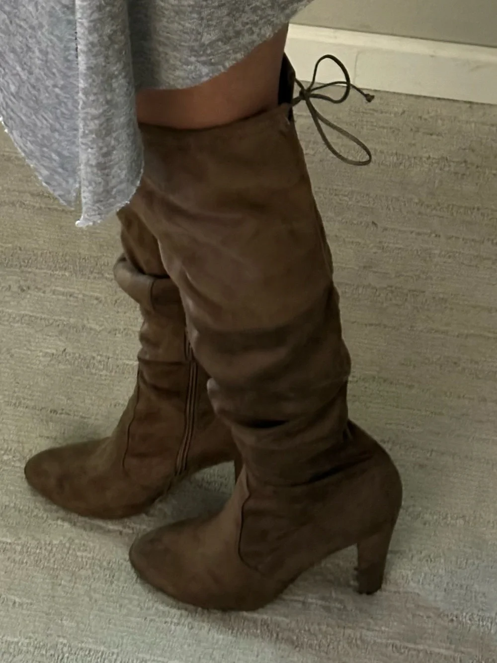 Taupe Faux Suede Thigh High Over The Knee Block Heel Boots Sz 10 Boho Festival